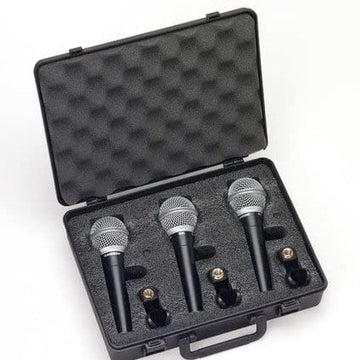 Set of three microphones in a black carrying case on a white background