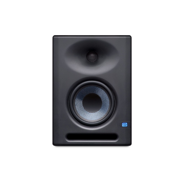 Black studio monitor speaker on a white background