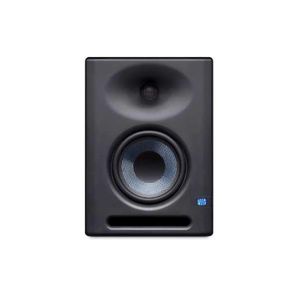Black studio monitor speaker on a white background