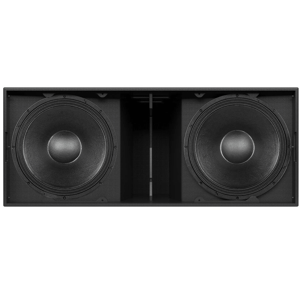 Pair of black subwoofers on a white background