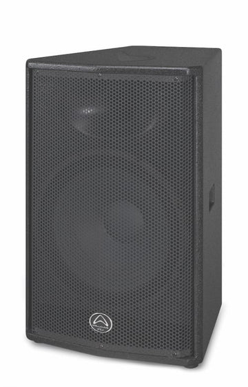 Black speaker with a brand logo on a white background