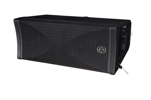 Black speaker with brand logo on a white background